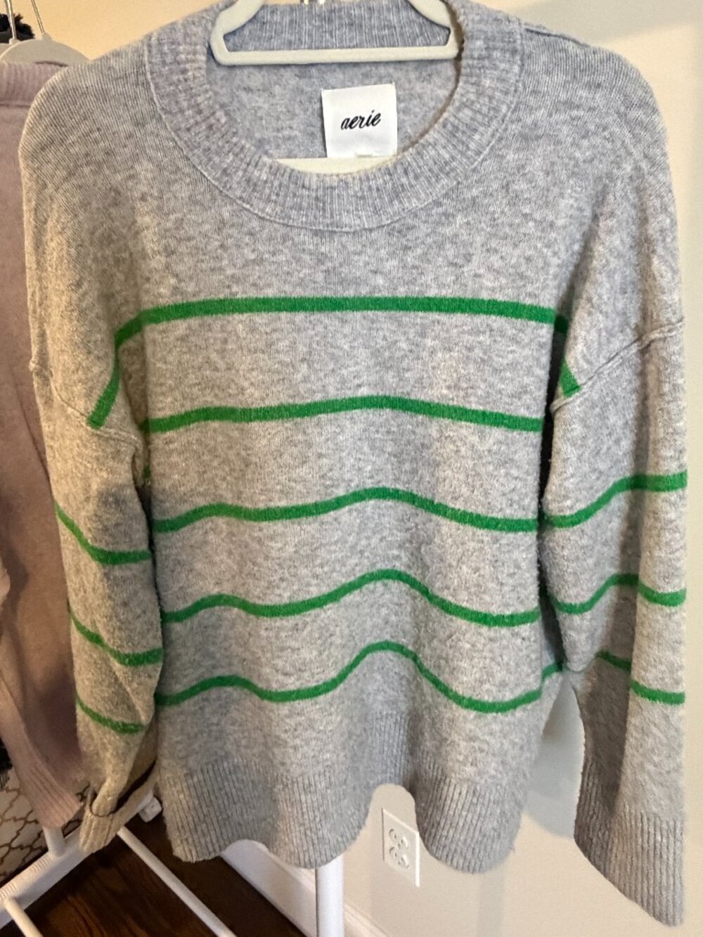 Aerie unREAL Soft Oversized Sweater Gray Green Stripe Medium
